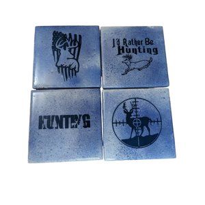 Tile & Cork lot 4 coasters spraypaint blue Hunting theme I'd Rather Be Hunting
